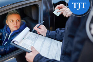 Out-of-state driver handing license to police officer during a traffic stop in Bergen County, NJ