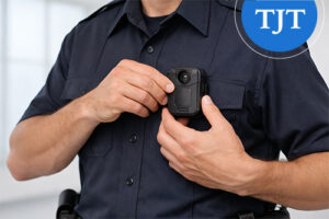 Police officer attaching a body camera to his uniform
